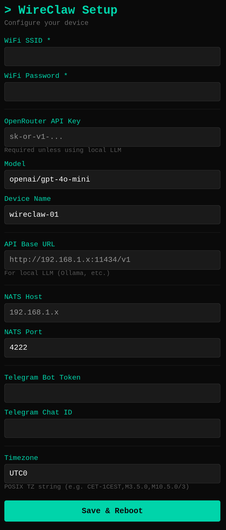 WireClaw captive portal configuration screen