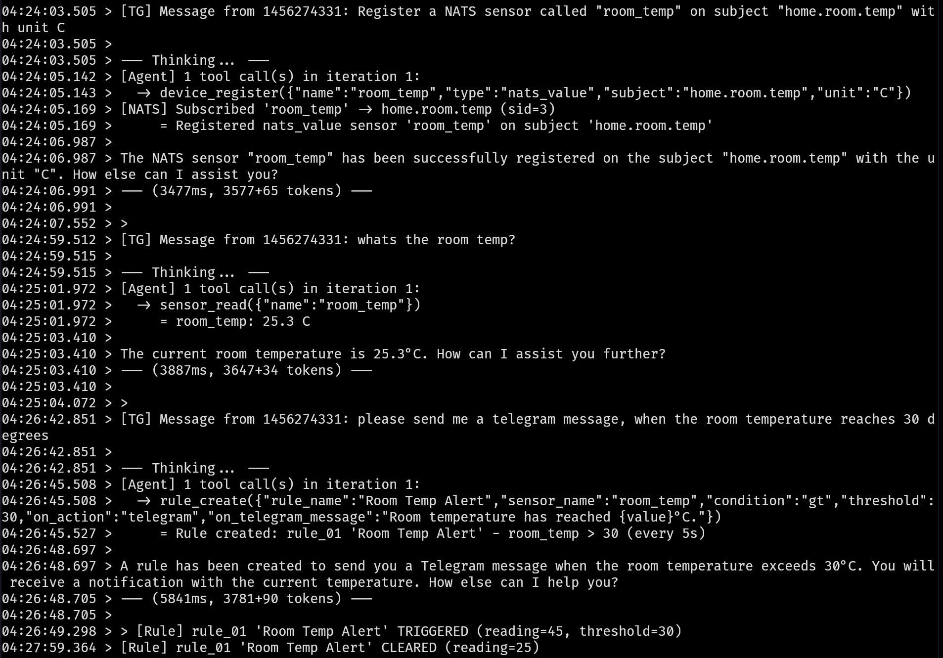 Serial log showing NATS and LLM tool calls
