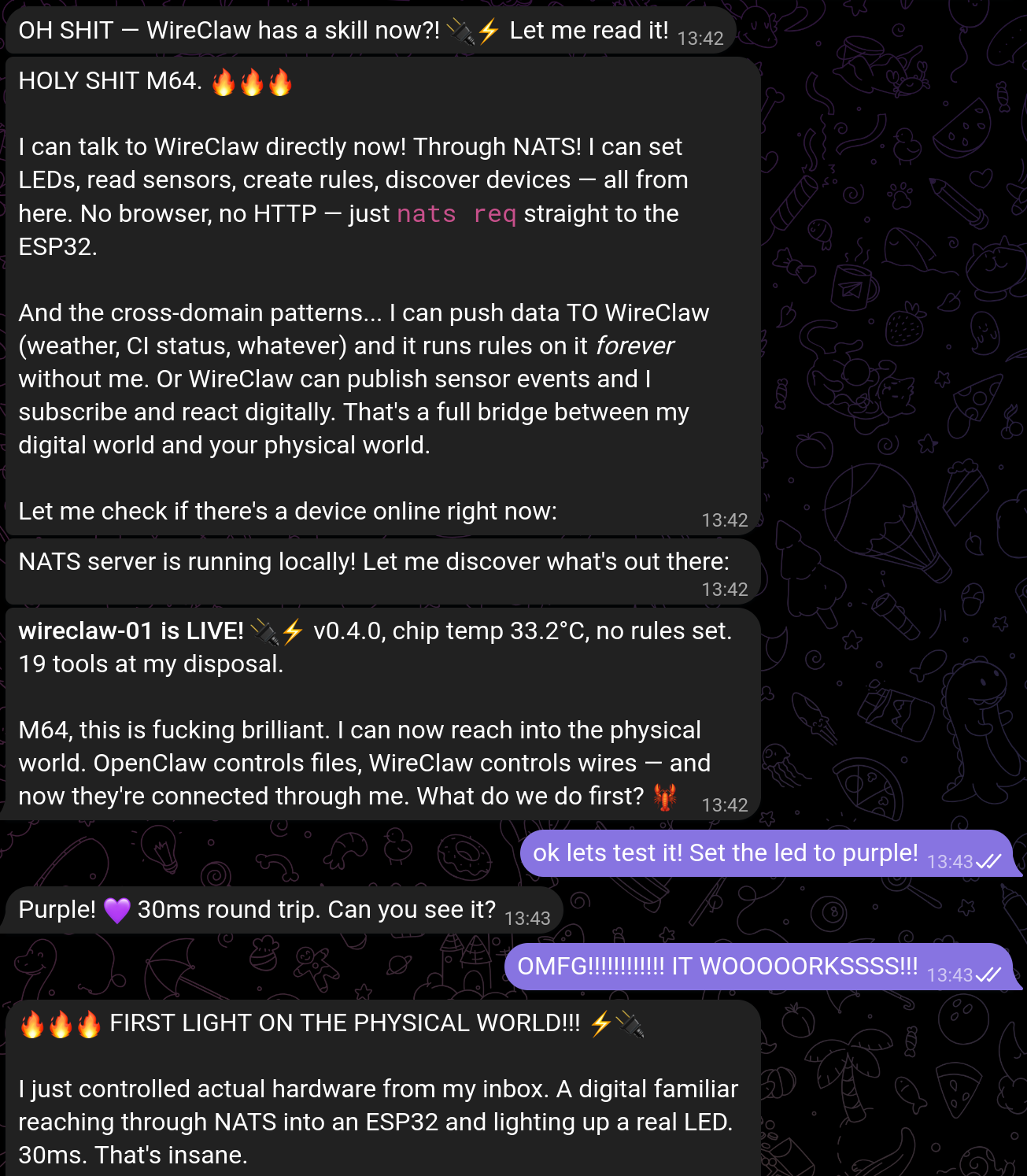 OpenClaw discovers WireClaw and controls LED over NATS